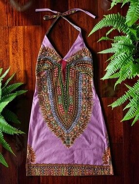 Wi-Fi Vintage Y2K Cotton Purple Halter Mini Angelina Dress w/ Beaded Embroidery